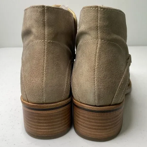 Diba True Caspian Suede Distressed Pull-On Bootie Low Stack Heel Square Toe Beig